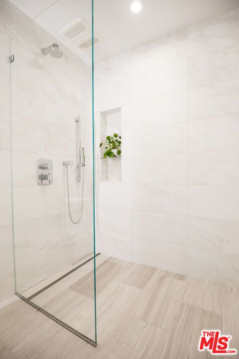 Bathroom, Glass Shower, Interior, Recessed Lighting, Wood Texture Flooring