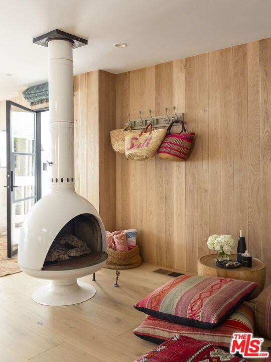 Fireplace, Interior, Recessed Lighting, Wood Texture Flooring, Wooden Walls