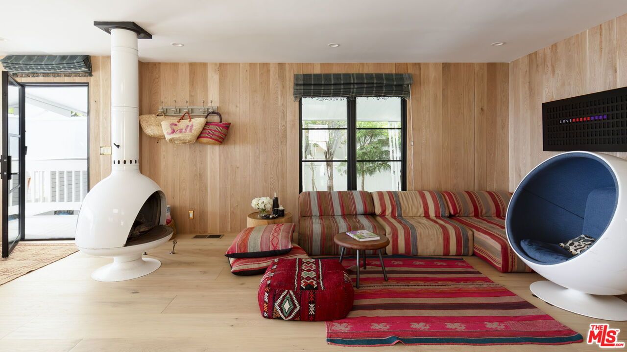 Fireplace, Interior, Recessed Lighting, Wood Texture Flooring, Wooden Walls