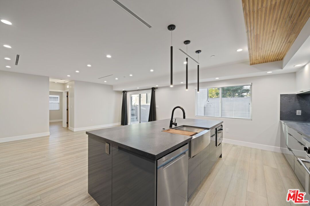 Interior, Kitchen, Pendant Lights, Recessed Lighting, Stainless Steel Appliances, Wooden Ceilings, Wood Texture Flooring