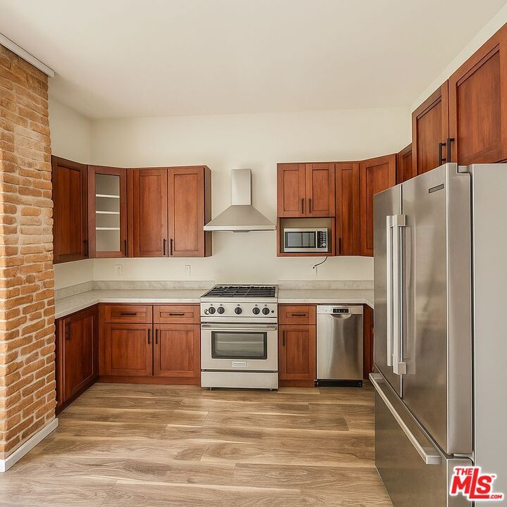 Interior, Kitchen, Stainless Steel Appliances, Stone Walls, Wood Texture Flooring