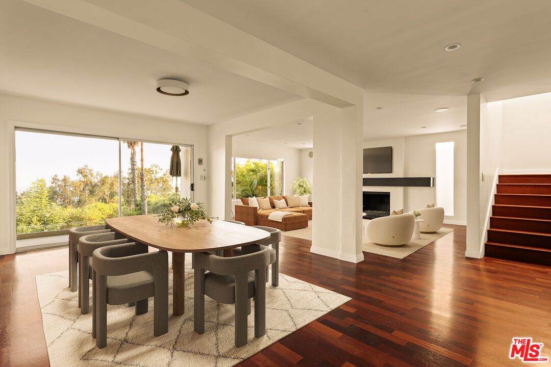 Dining room, Fireplace, Interior, Living room, Recessed Lighting, Wood Texture Flooring