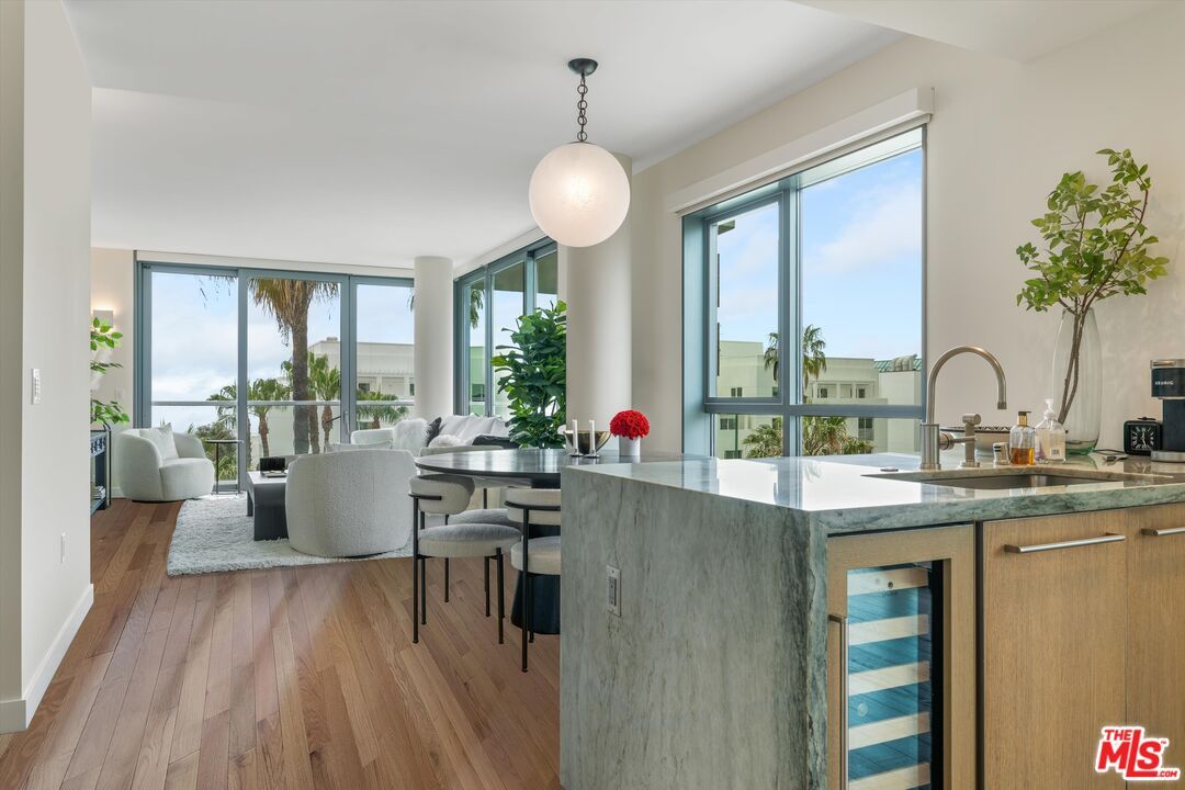 Dining room, Interior, Kitchen, Living room, Pendant Lights, Water, Wood Texture Flooring