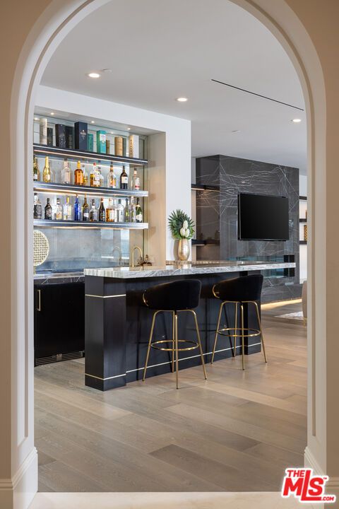 Interior, Marble Walls, Recessed Lighting, Wood Texture Flooring