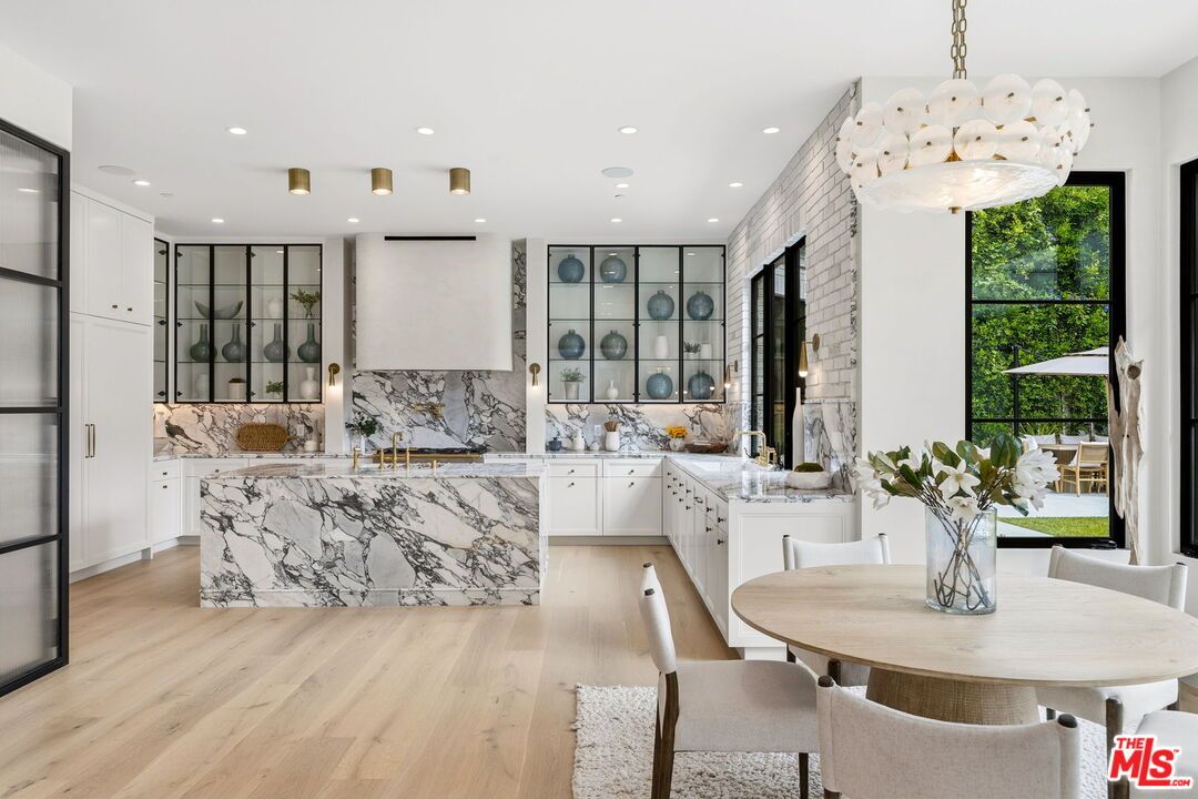 Dining room, Interior, Kitchen, Marble Walls, Pendant Lights, Recessed Lighting, Wood Texture Flooring