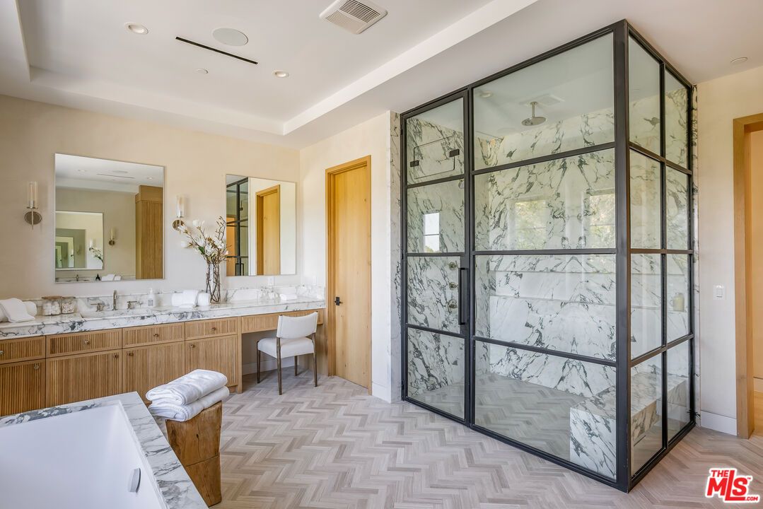 Bathroom, Glass Shower, Interior, Marble Walls, Recessed Lighting