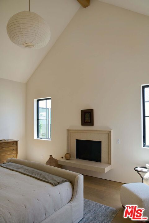 Bedroom, Fireplace, Interior, Pendant Lights, Wooden Beams, Wood Texture Flooring