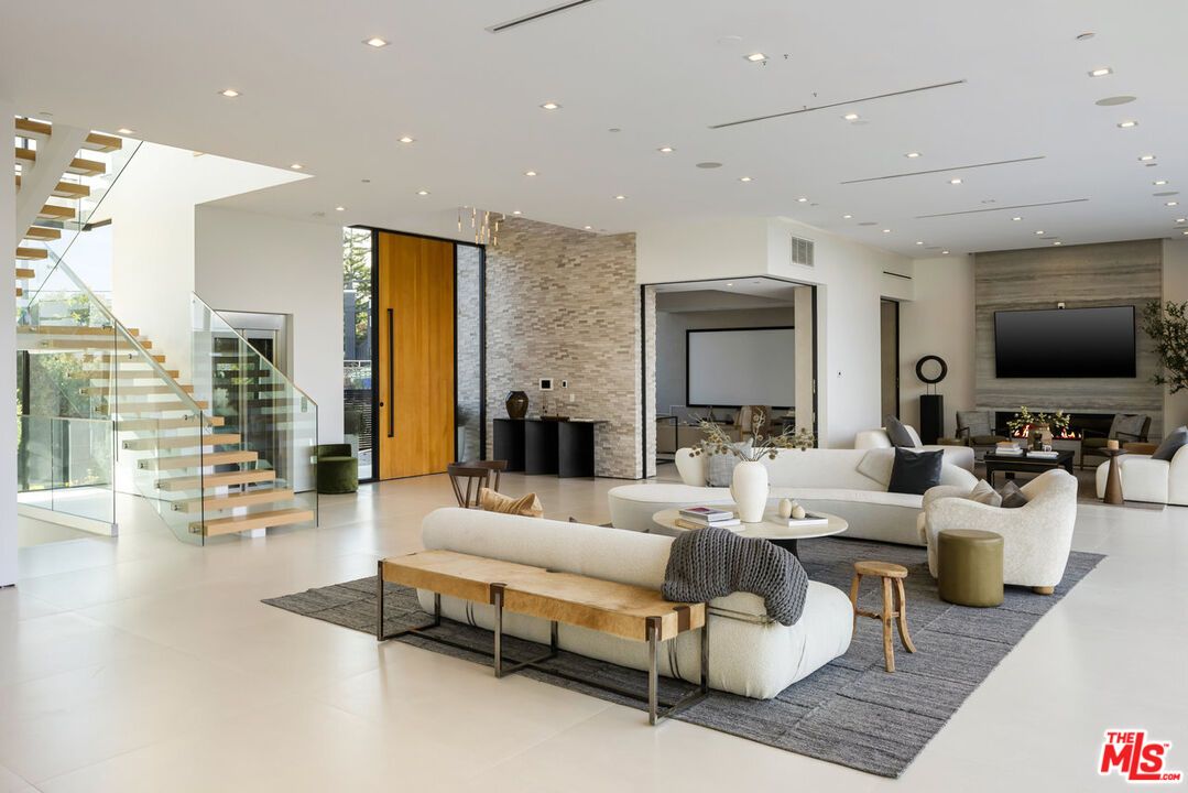 Fireplace, Interior, Living room, Recessed Lighting, Stone Walls