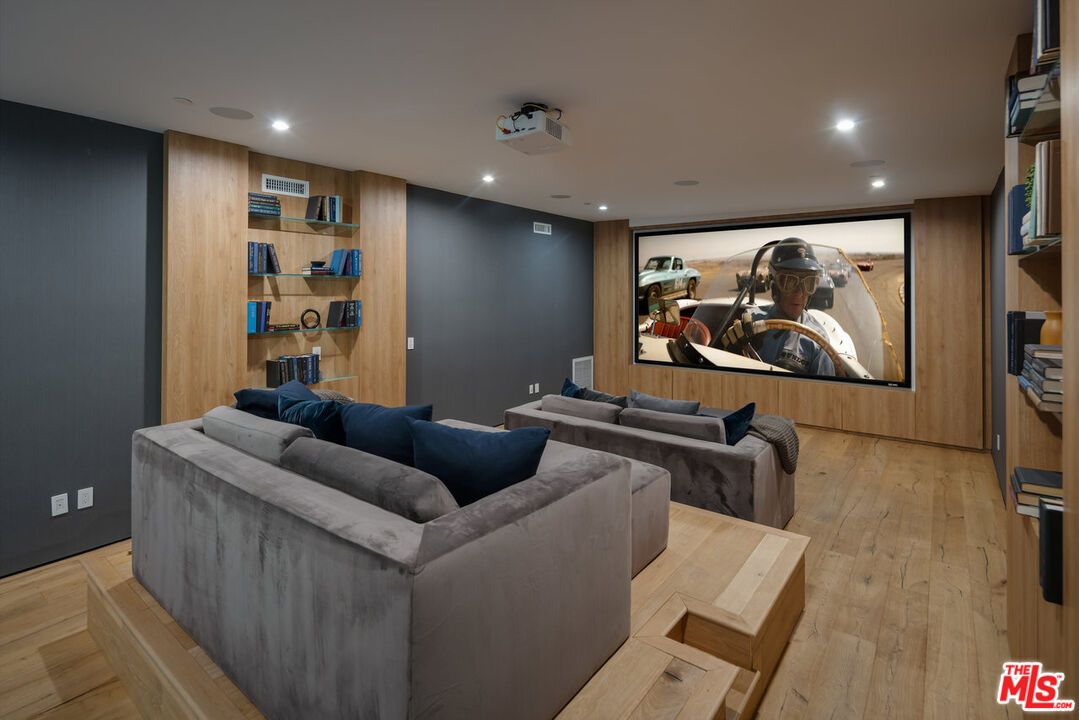 Interior, Projection Screen, Recessed Lighting, Theatre Room, Wood Texture Flooring