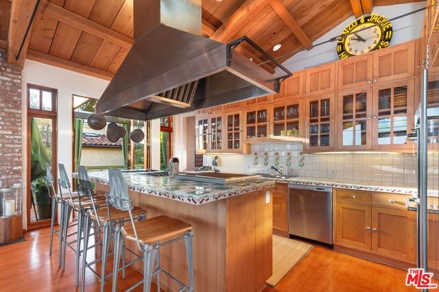 Interior, Kitchen, Recessed Lighting, Stainless Steel Appliances, Tile Countertops, Wooden Beams, Wooden Ceilings, Wood Texture Flooring