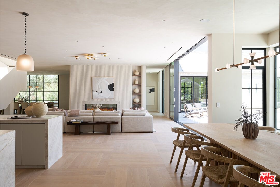 Dining room, Fireplace, Interior, Living room, Pendant Lights, Recessed Lighting, Wood Texture Flooring