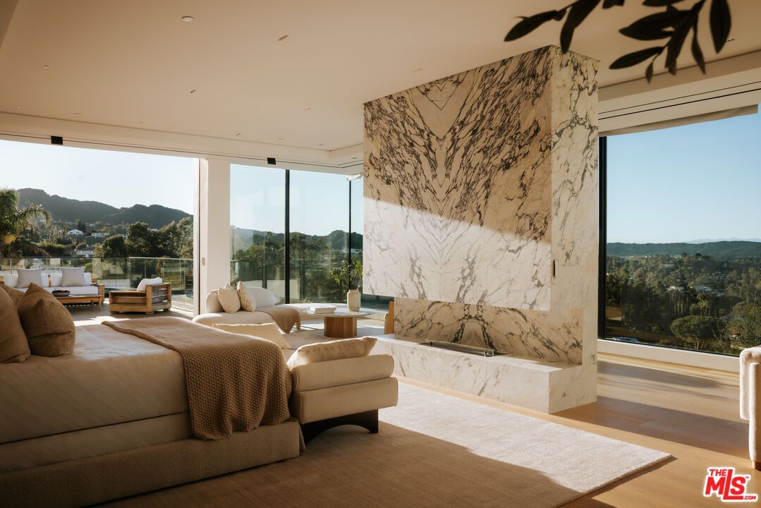 Bedroom, Interior, Marble Walls, Recessed Lighting, Wood Texture Flooring