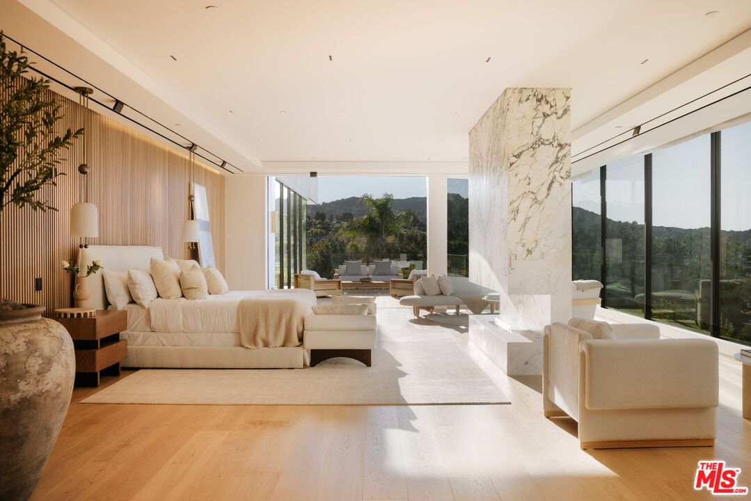 Bedroom, Interior, Living room, Marble Walls, Pendant Lights, Recessed Lighting, Wood Texture Flooring