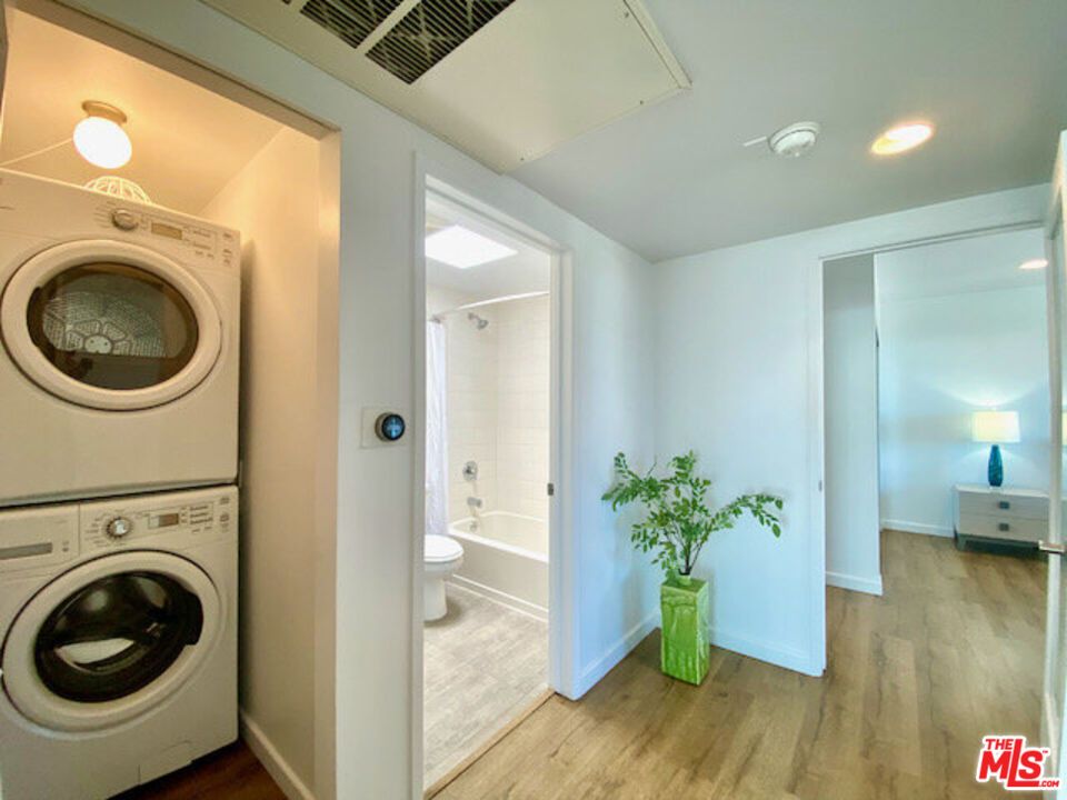 Bathroom, Interior, Recessed Lighting, Utility Closets, Washer, Wood Texture Flooring