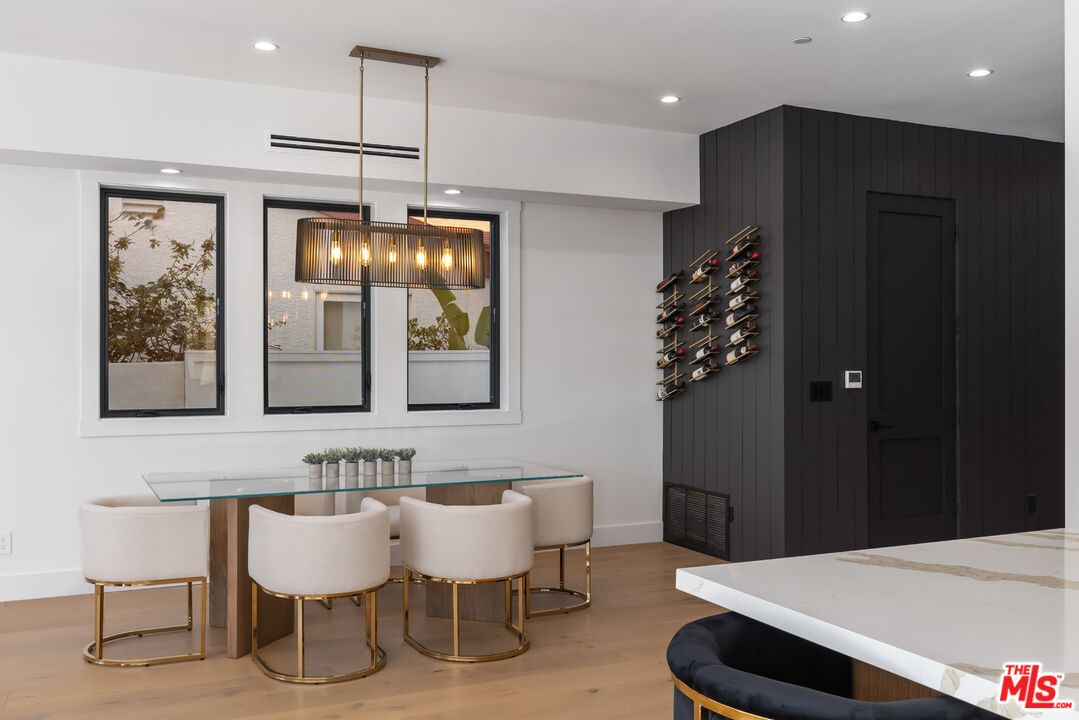 Dining room, Interior, Pendant Lights, Recessed Lighting, Wood Texture Flooring