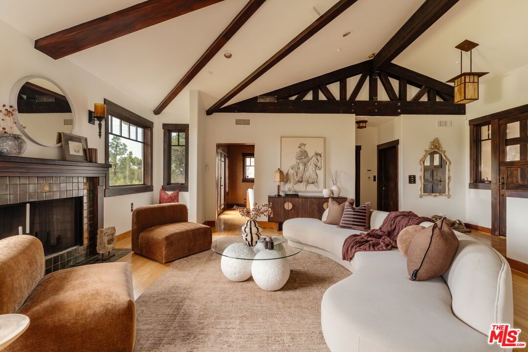 Fireplace, Interior, Living room, Pendant Lights, Recessed Lighting, Wooden Beams, Wood Texture Flooring