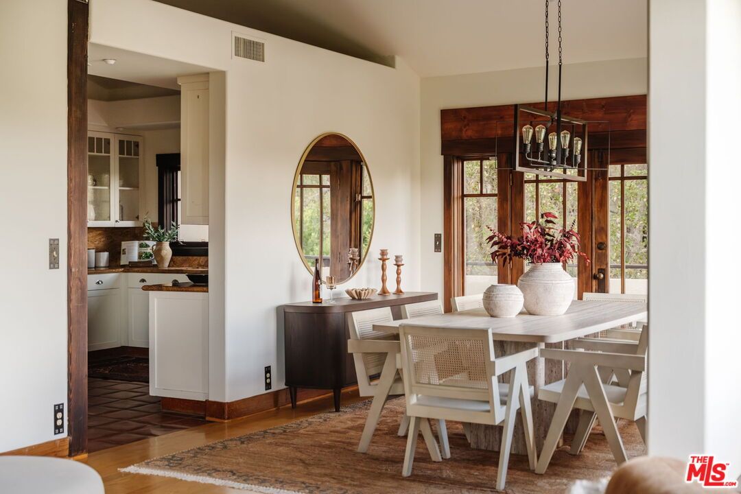 Dining room, Interior, Pendant Lights, Recessed Lighting, Wood Texture Flooring