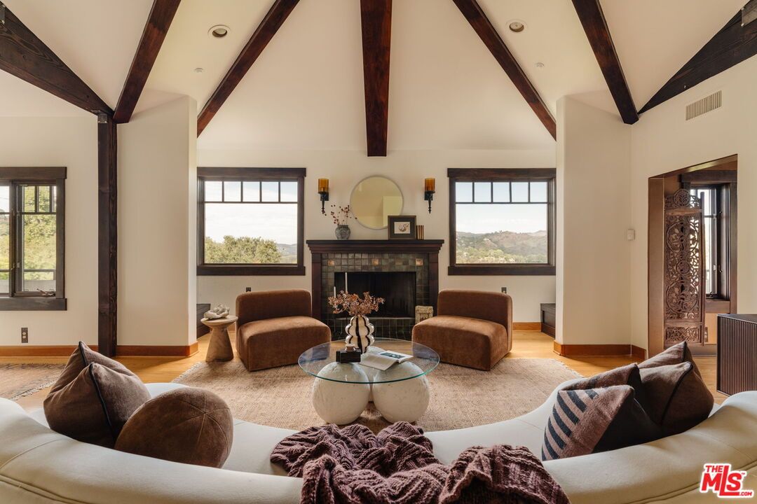 Fireplace, Interior, Living room, Recessed Lighting, Wooden Beams, Wood Texture Flooring