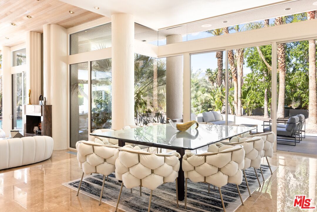 Dining room, Fireplace, Interior, Recessed Lighting, Wooden Ceilings