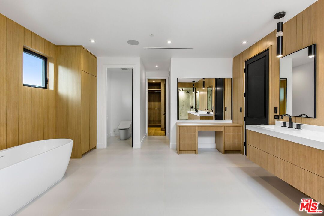 Bathroom, Dual Sink Vanities, Free Standing Baths, Interior, Recessed Lighting, Wooden Walls