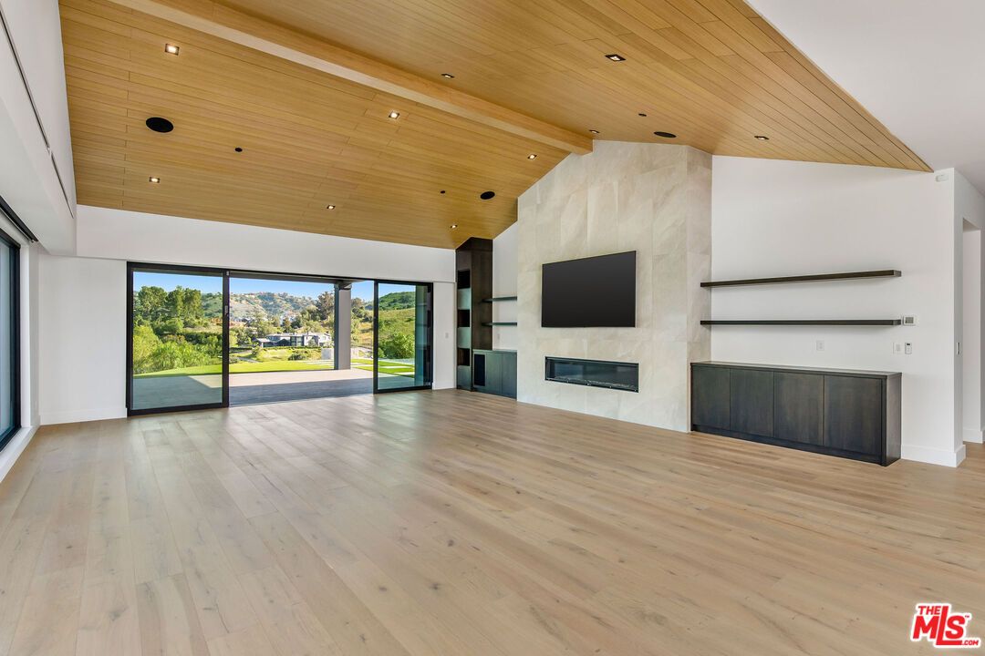 Empty room, Fireplace, Interior, Recessed Lighting, Wooden Ceilings, Wood Texture Flooring