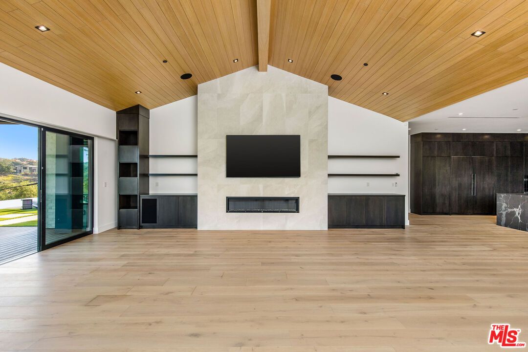 Empty room, Fireplace, Interior, Recessed Lighting, Wooden Ceilings, Wood Texture Flooring