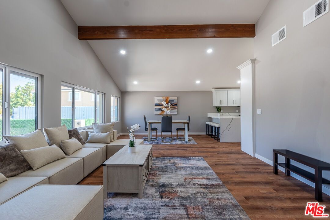 Dining room, Interior, Kitchen, Living room, Recessed Lighting, Wooden Beams, Wood Texture Flooring