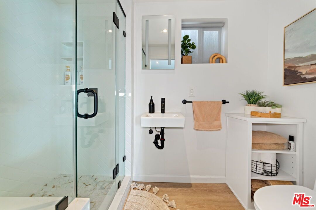 Bathroom, Glass Shower, Interior, Recessed Lighting, Wood Texture Flooring