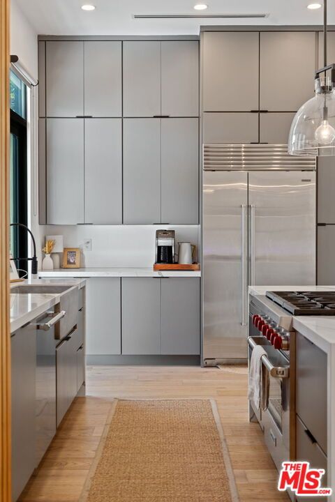 Interior, Kitchen, Pendant Lights, Recessed Lighting, Stainless Steel Appliances, Wood Texture Flooring