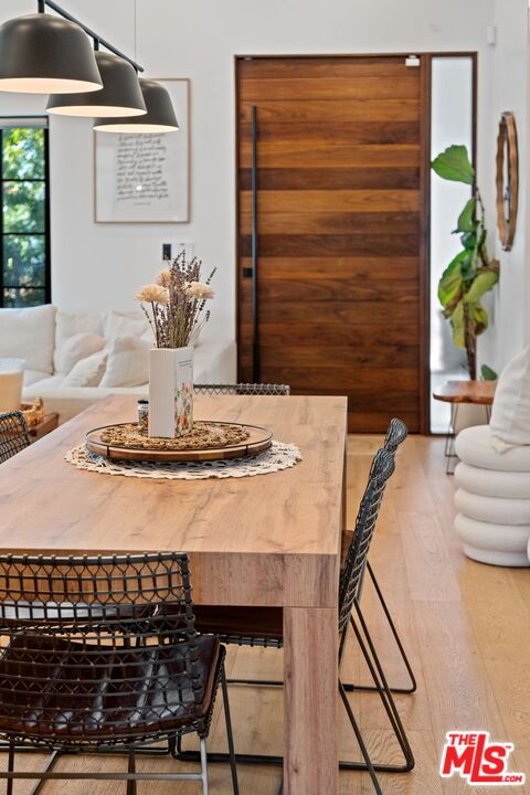 Dining room, Interior, Pendant Lights, Wood Texture Flooring