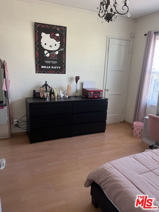Bedroom, Chandelier, Interior, Wood Texture Flooring