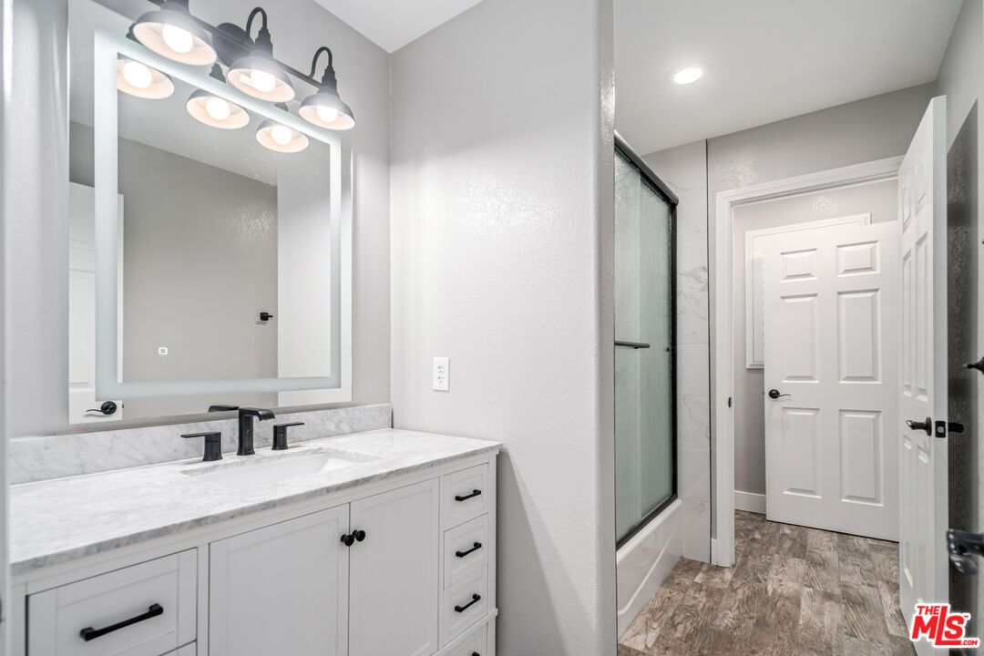 Bathroom, Glass Shower, Interior, Recessed Lighting, Wood Texture Flooring