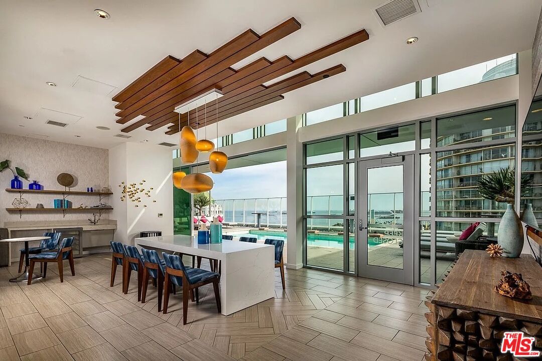 Dining room, Interior, Pendant Lights, Recessed Lighting, Water, Wooden Beams, Wood Texture Flooring