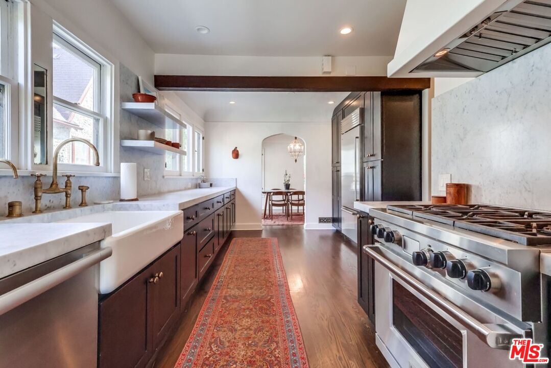 Dining room, Interior, Kitchen, Pendant Lights, Recessed Lighting, Stainless Steel Appliances, Wooden Beams, Wood Texture Flooring
