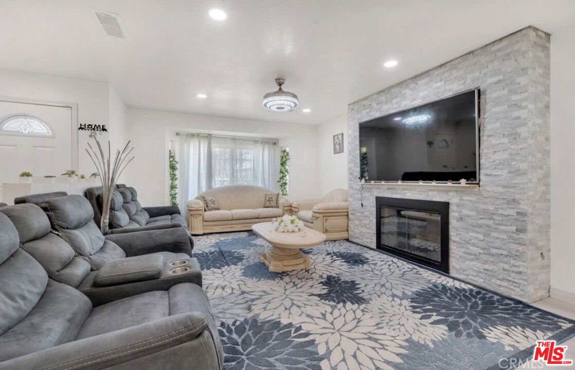 Fireplace, Interior, Living room, Recessed Lighting, Stone Walls