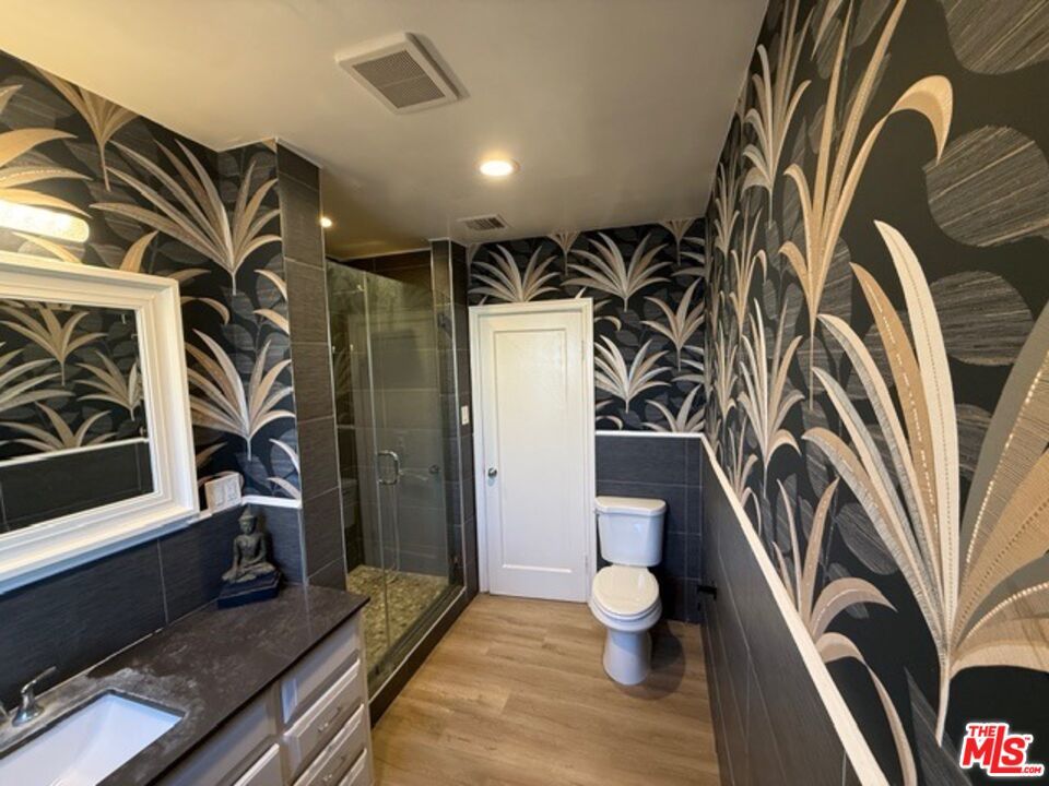 Bathroom, Glass Shower, Interior, Recessed Lighting, Wood Texture Flooring