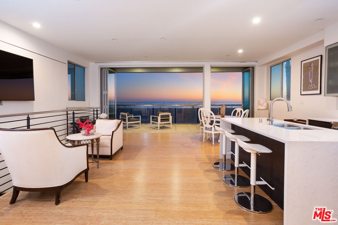 Dining room, Interior, Kitchen, Living room, Recessed Lighting, Water, Wood Texture Flooring