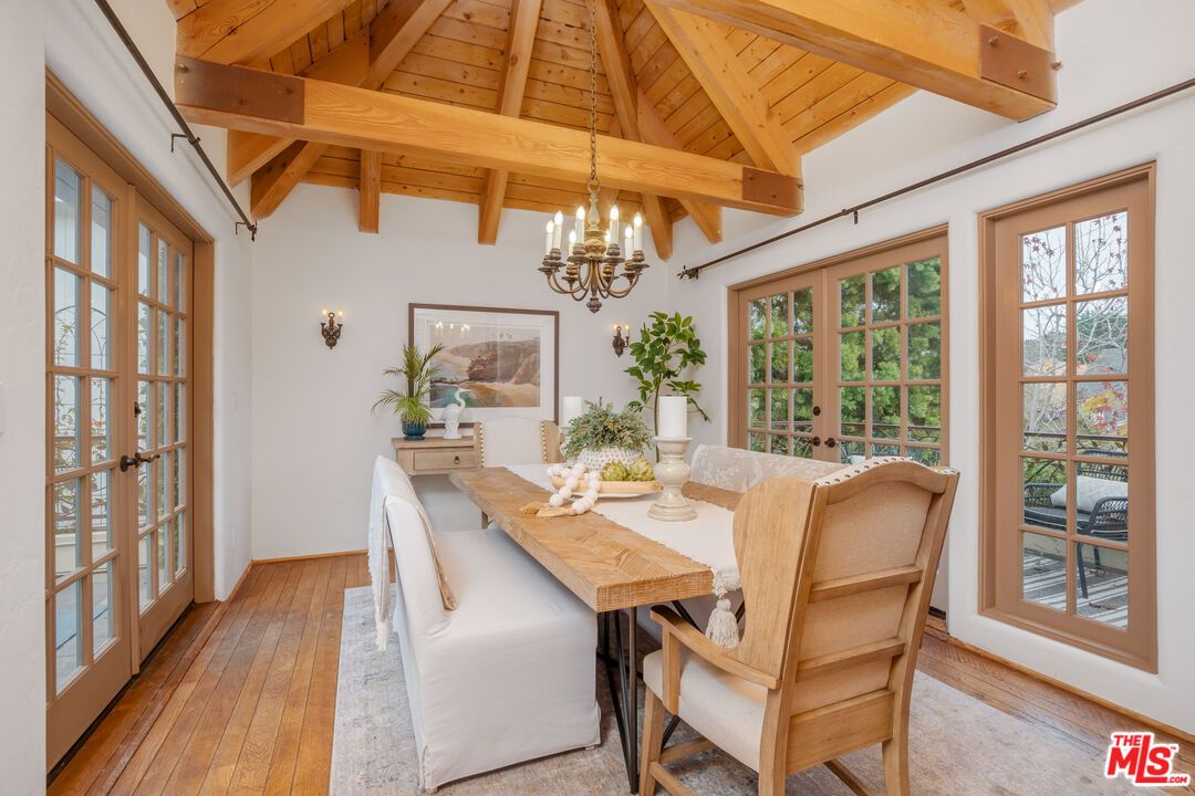 Chandelier, Dining room, Interior, Wooden Beams, Wooden Ceilings, Wood Texture Flooring