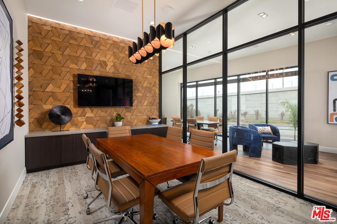 Chandelier, Dining room, Interior, Recessed Lighting, Stone Walls, Wood Texture Flooring