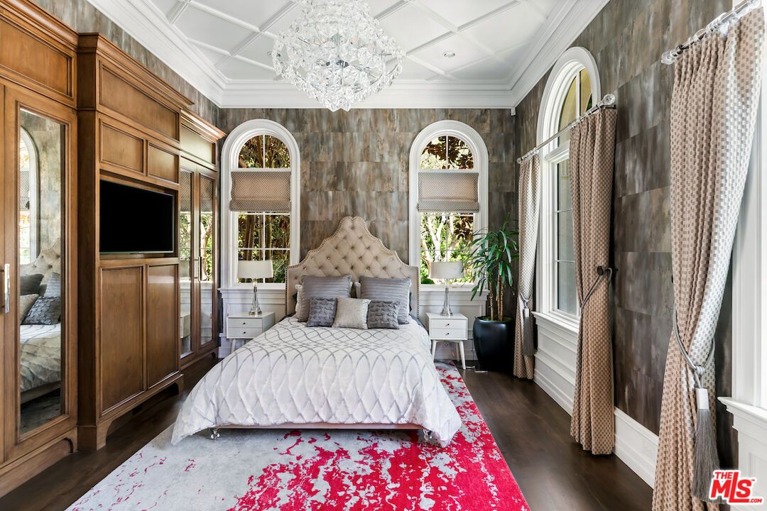 Bedroom, Chandelier, Interior, Wood Texture Flooring