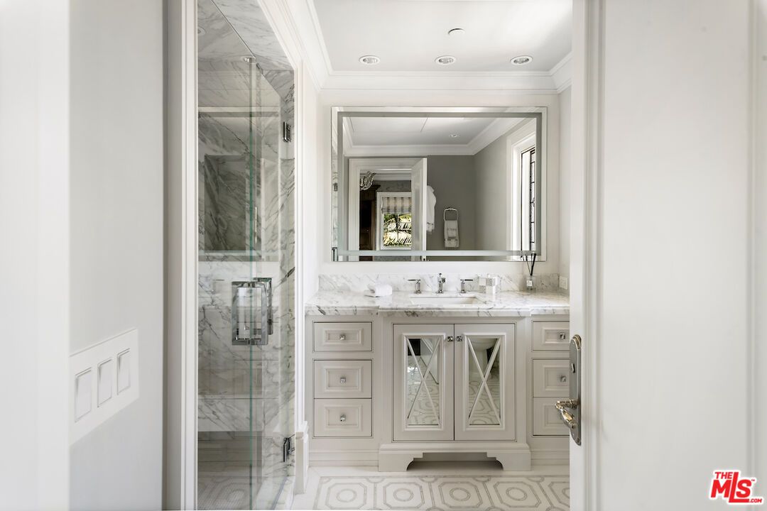 Bathroom, Glass Shower, Interior, Marble Walls, Recessed Lighting