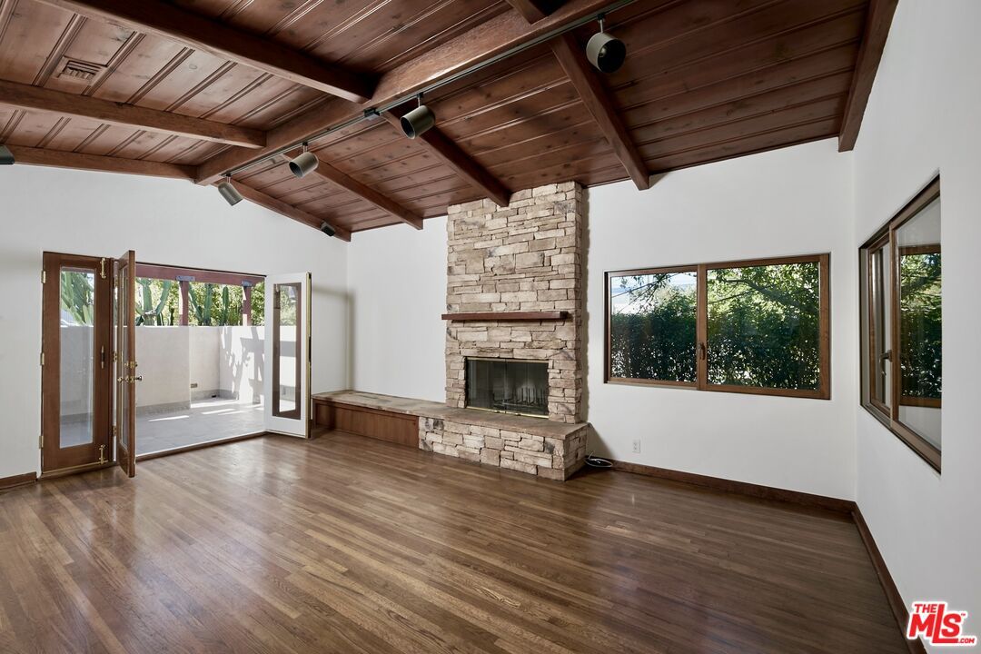 Empty room, Fireplace, Interior, Wooden Beams, Wooden Ceilings, Wood Texture Flooring