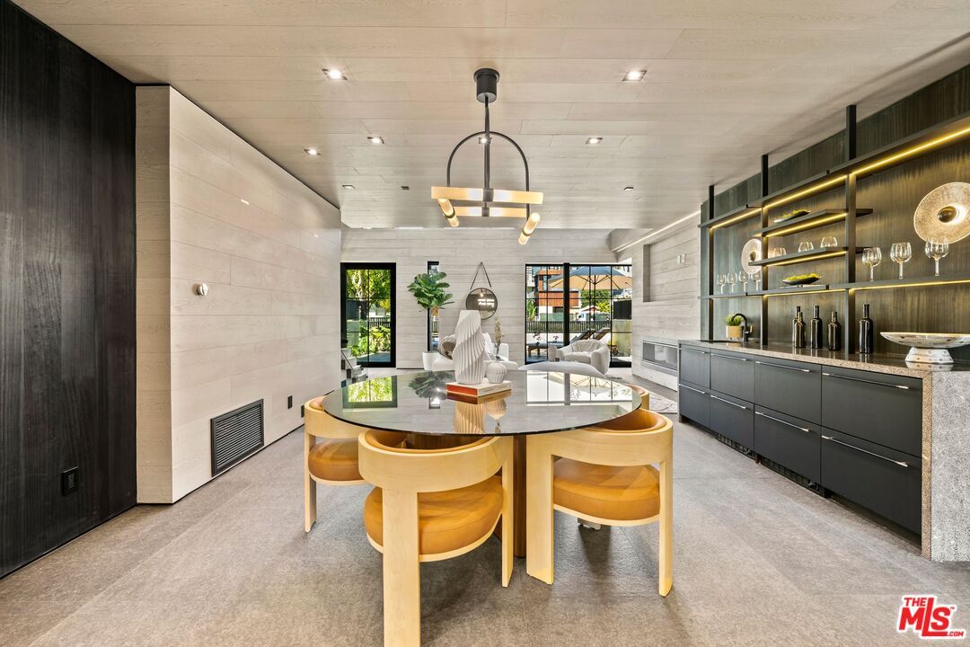 Dining room, Fireplace, Interior, Living room, Pendant Lights, Recessed Lighting, Stone Walls