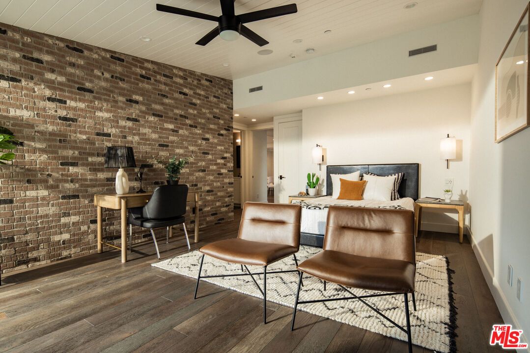 Bedroom, Home Office, Interior, Recessed Lighting, Stone Walls, Wood Texture Flooring