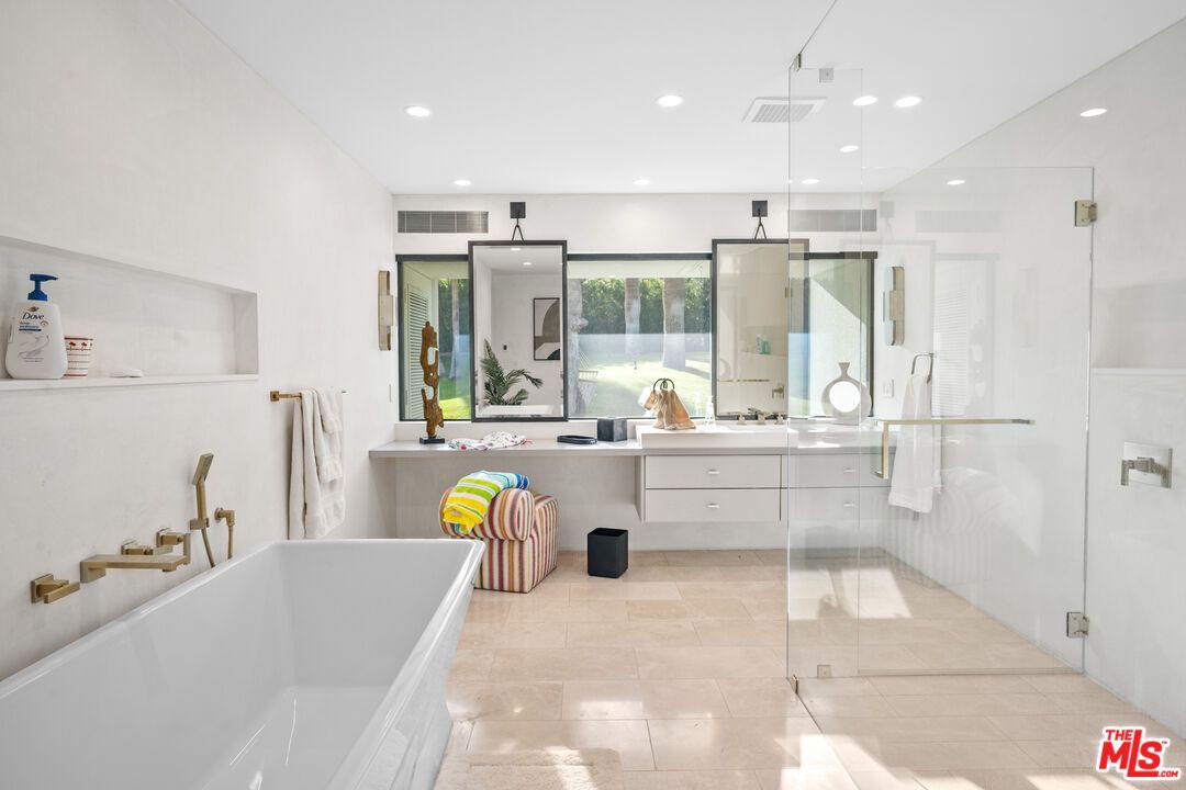 Bathroom, Free Standing Baths, Glass Shower, Interior, Recessed Lighting