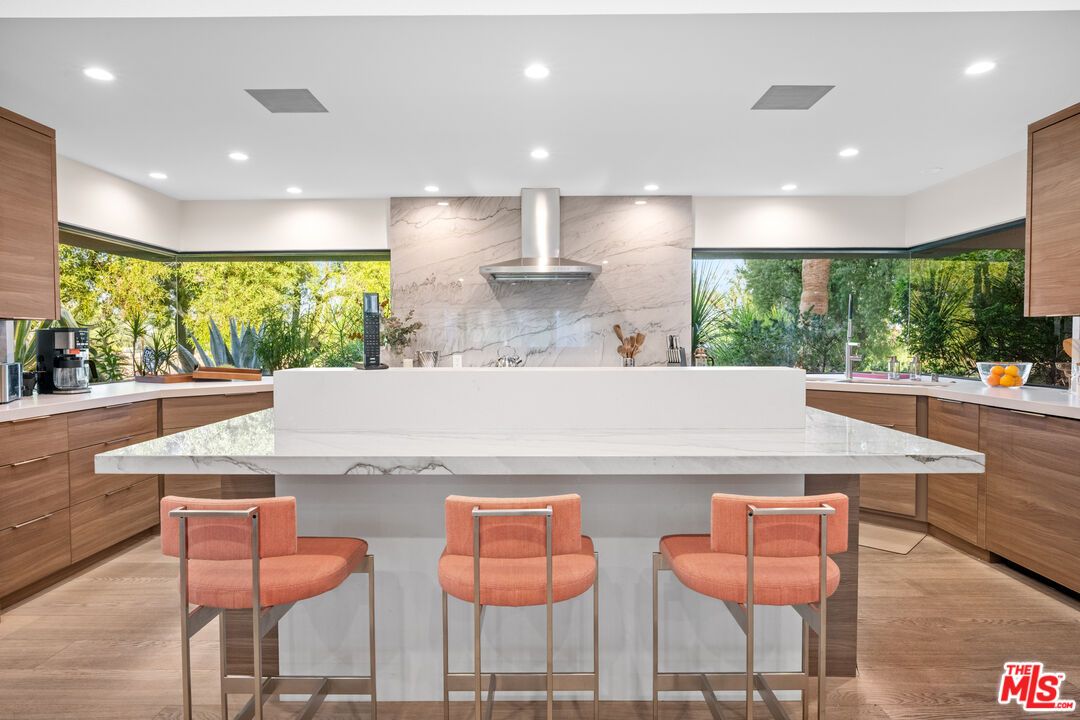 Interior, Kitchen, Marble Walls, Recessed Lighting, Wood Texture Flooring