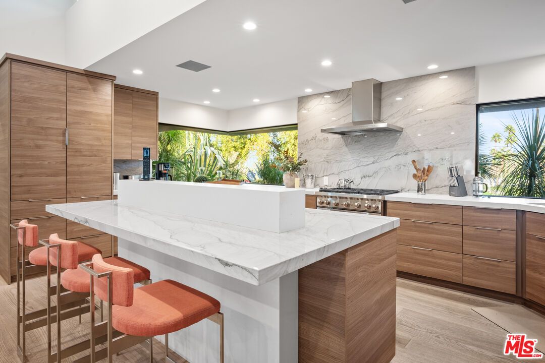 Interior, Kitchen, Marble Walls, Recessed Lighting, Wood Texture Flooring