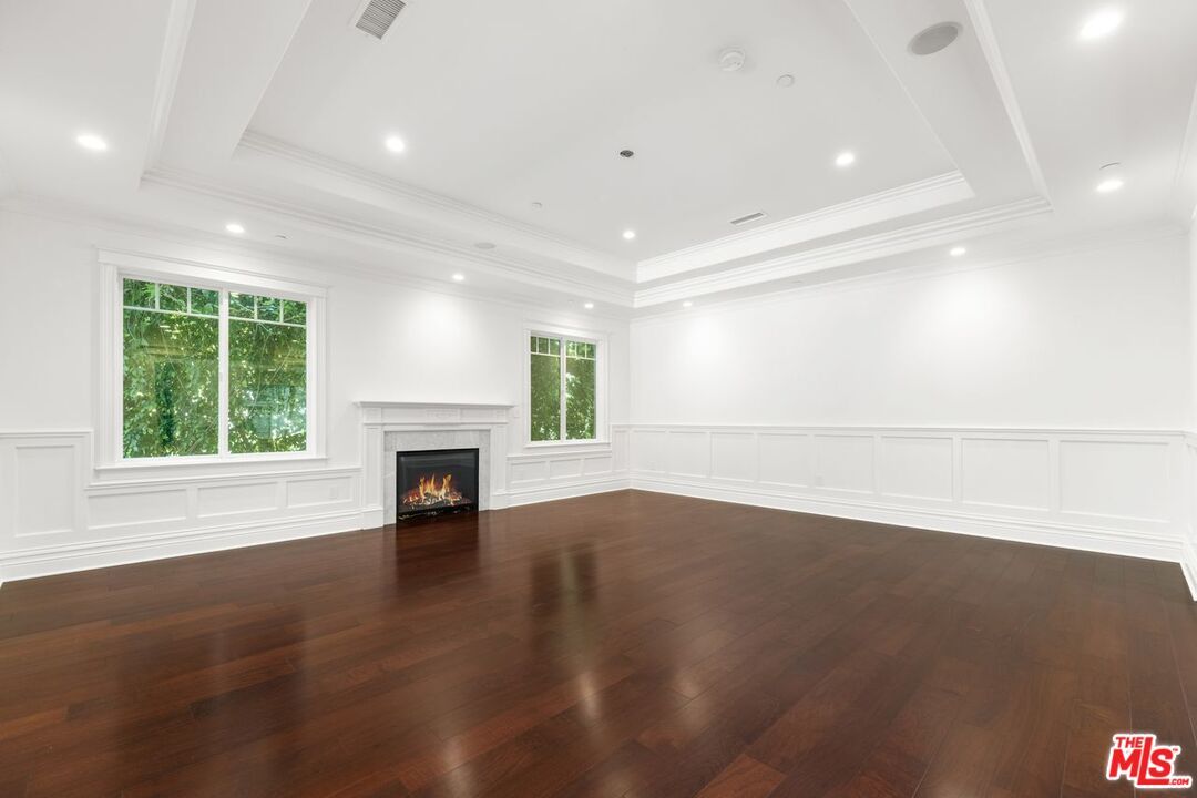 Empty room, Fireplace, Interior, Recessed Lighting, Wood Texture Flooring