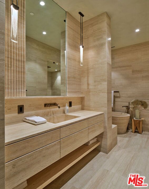 Bathroom, Dual Sink Vanities, Interior, Pendant Lights, Recessed Lighting, Wood Texture Flooring