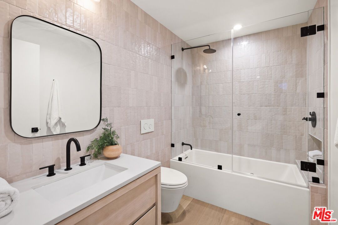 Bathroom, Glass Shower, Interior, Recessed Lighting, Wood Texture Flooring